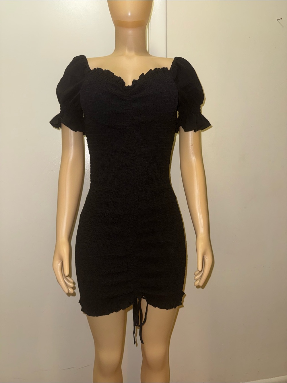 Love Tree Black Smocked Puff Sleeve Mini Dress with Ruched Front
